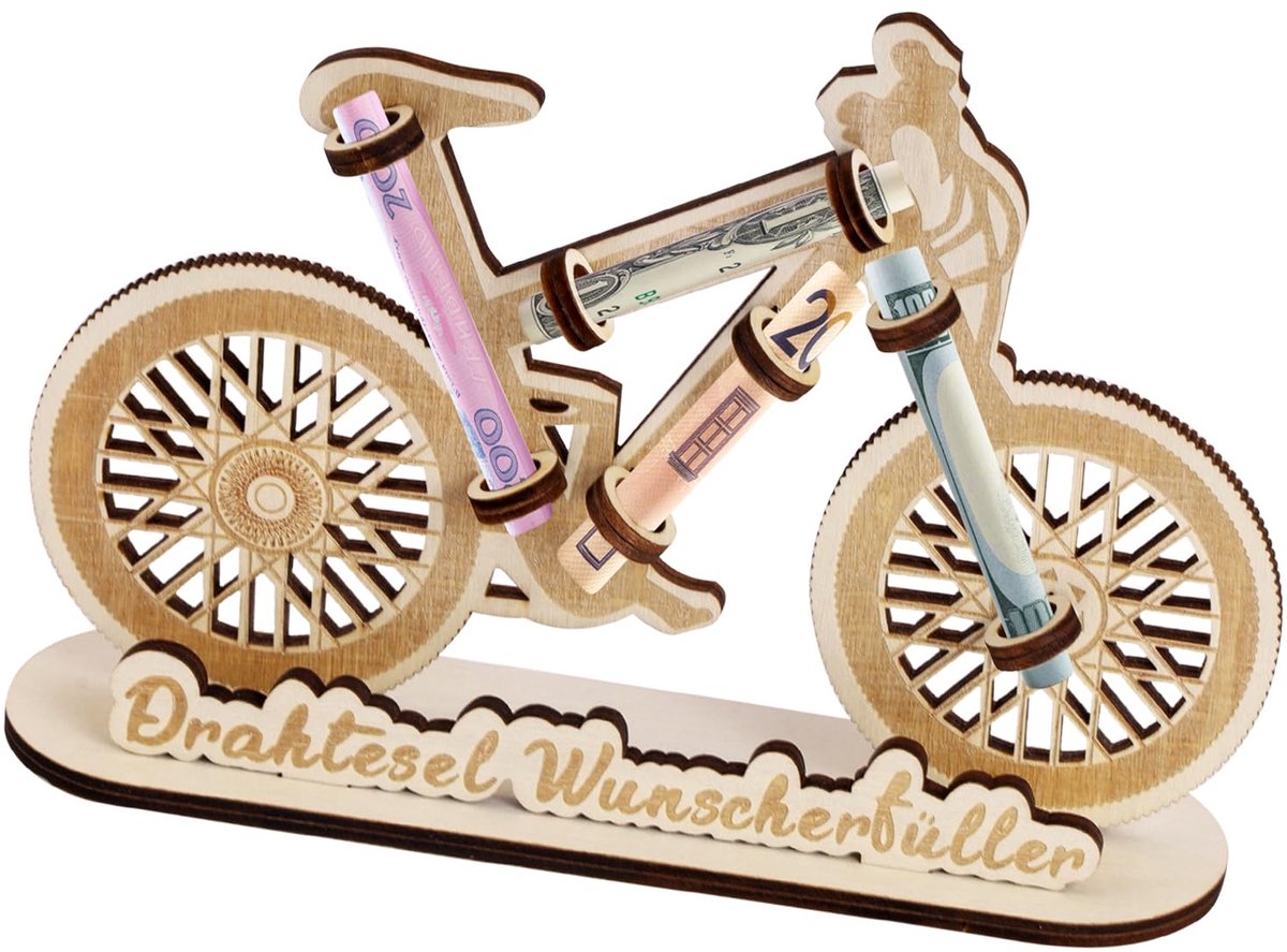 Geldcadeau fiets - decoratie spaarpot hout - leuk cadeau voor fietsers - origineel geldgeschenk - ShopVlot