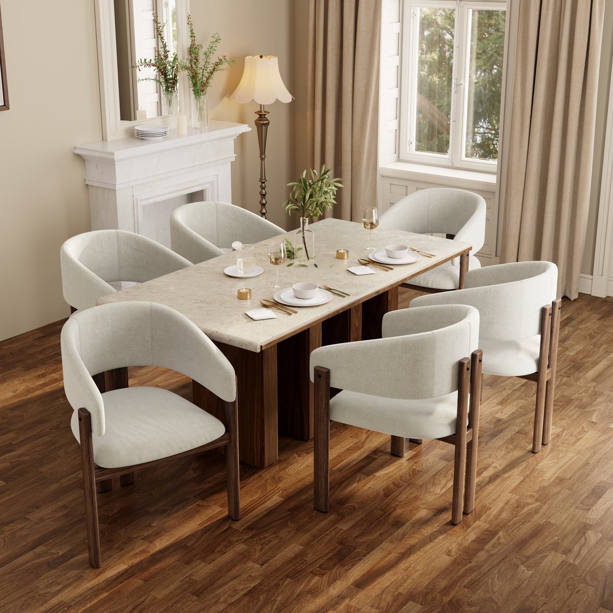 Set van 6 Eetkamerstoelen 61,5x52,5x83 cm - Metalen Eetkamerstoel Met Linnen Bekleding En Armleuningen Walnoot