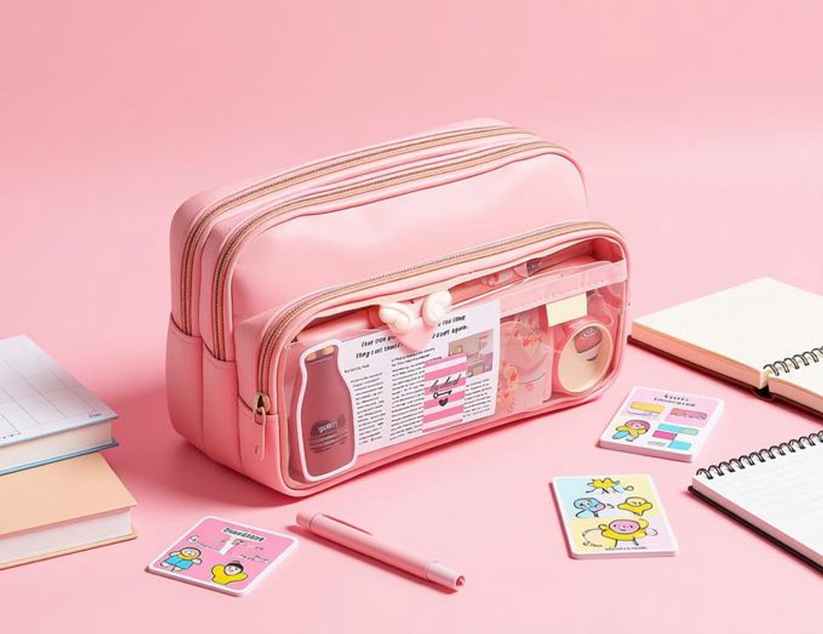 Esthetisch etui met grote capaciteit en 4 vakken - Roze - Schooletui voor meisjes, tieners en studenten