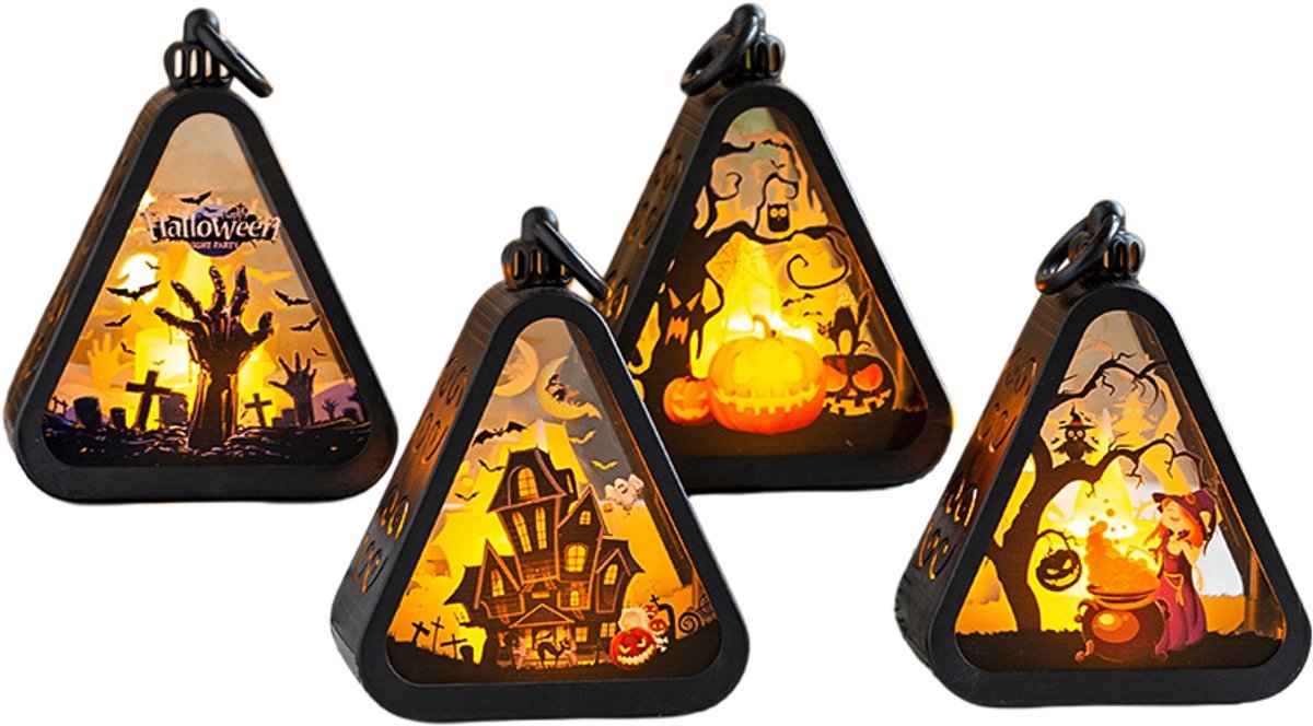 Casalora Halloween Decoratie:Halloween Lantaarn met LED Verlichting - 4 LED Halloween Lantaarns met Pompoen, Heks, Spookhand & Kasteel - Tafeldecoratie met Batterijen - Halloween Sfeerverlichting