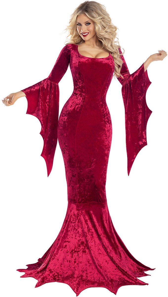 Casalora Halloween Kostuum: Verkleedjurk Heksen / Vampier Dames - Fluwelen Jurk - Lange Verkleedjurk voor Carnaval, Cosplay en Halloween - L - Rood