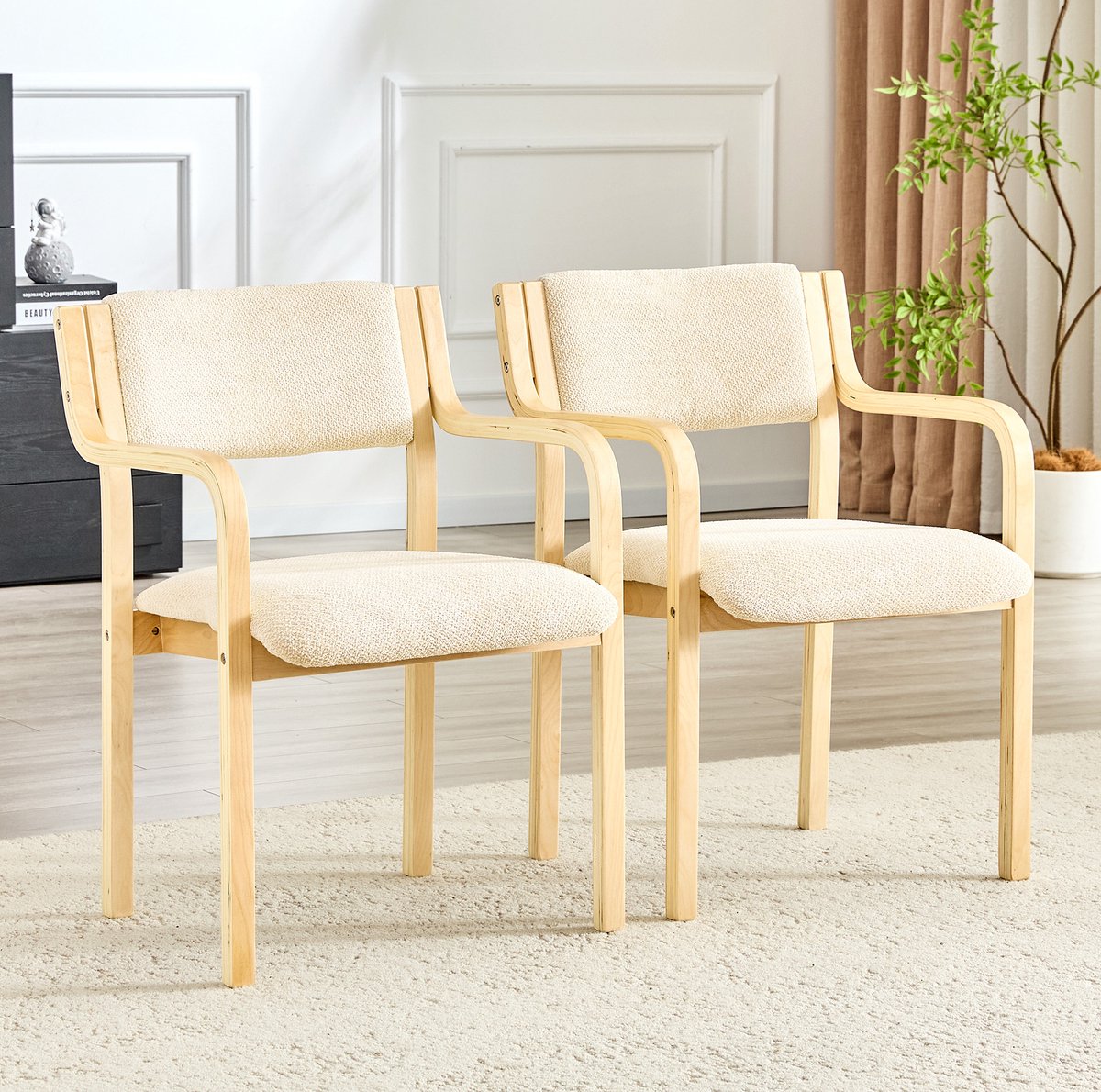 DESMIU Eetkamerstoel Set Van 2 - Met Armleuningen En Teddystof - Scandinavisch Voor Eetkamer, Keuken En Woonkamer - Hout - Wit