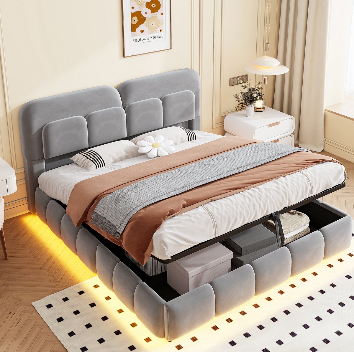Gestoffeerd Bed 140x200 cm - Met Ledverlichting En Hydraulische Opbergruimte - Tweepersoonsbed Met Lattenbodem - Fluweel - Grijs - Zonder Matras