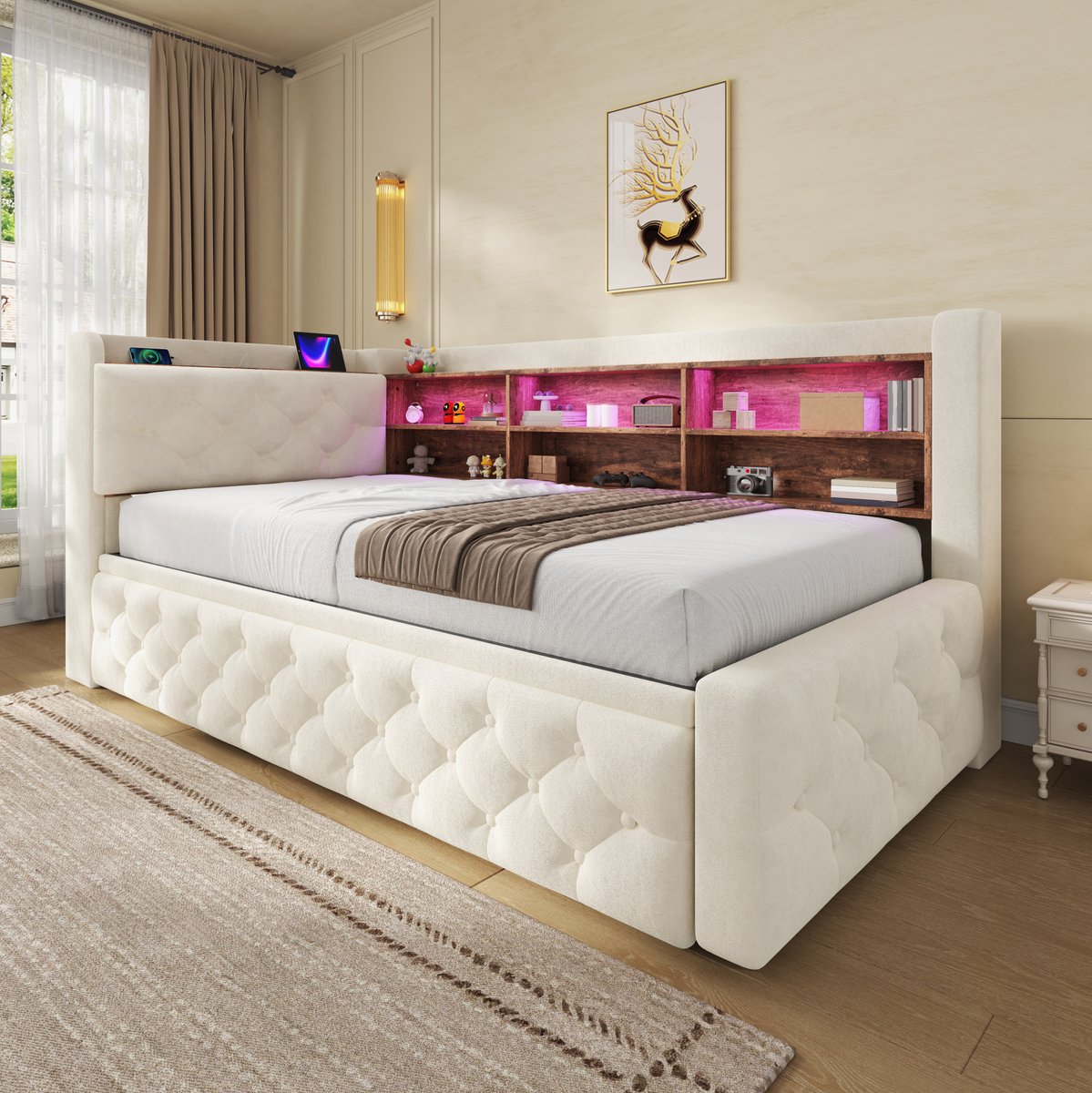 Slaapbank 90x190 cm - Uitschuifbaar Met LED, USB En USB-C - Met Opbergruimte - Voor Woonkamer En Logeerkamer - Beige - Zonder Matras