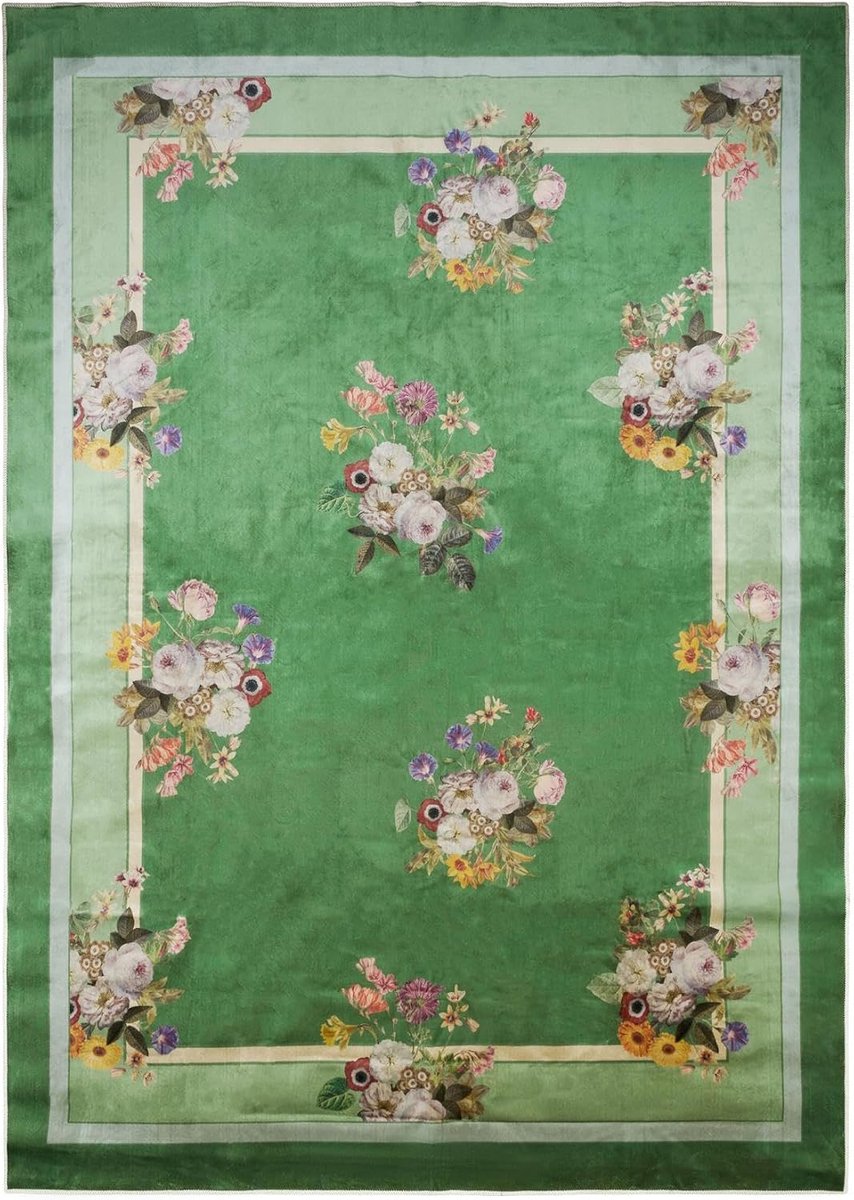 Rug 60x90 cm - Shale green - Bloemenprint - Luxe velvet voor een stijlvol interieur - ShopVlot