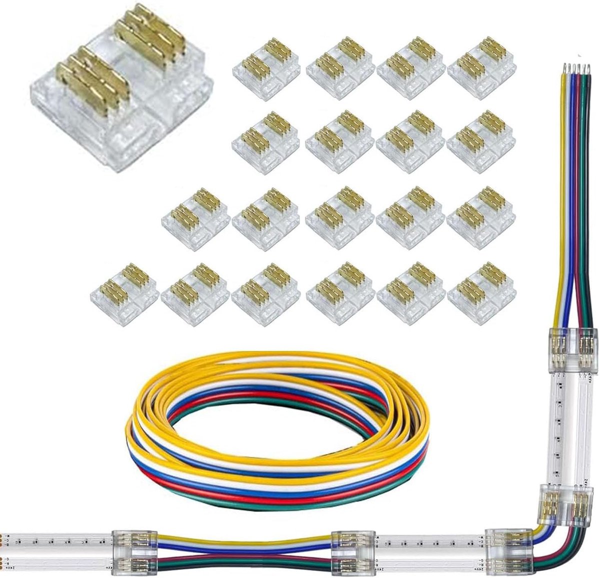 LED Strip Connector Kit 6-polig 12mm - 20 Stuks + 3m Verlengkabel - Solderen Vrije Verbinding - Ideaal voor RGBW Strips - ShopVlot