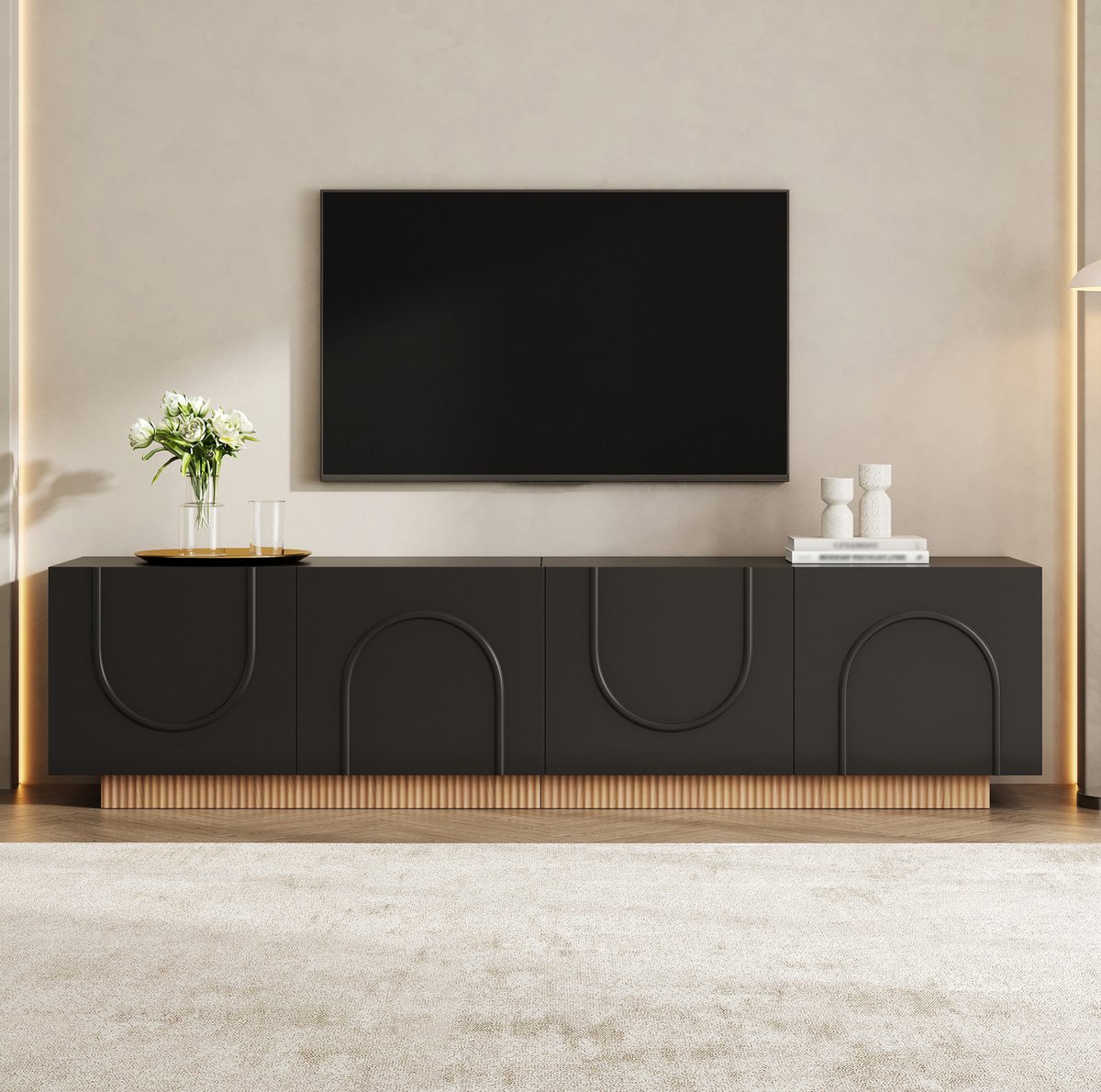 Tv Meubel Met 4 Deuren En Opbergvakken - Modern Design Met Kabeldoorvoer - Voor Woonkamer En Slaapkamer - Zwart - 170x38x42 Cm
