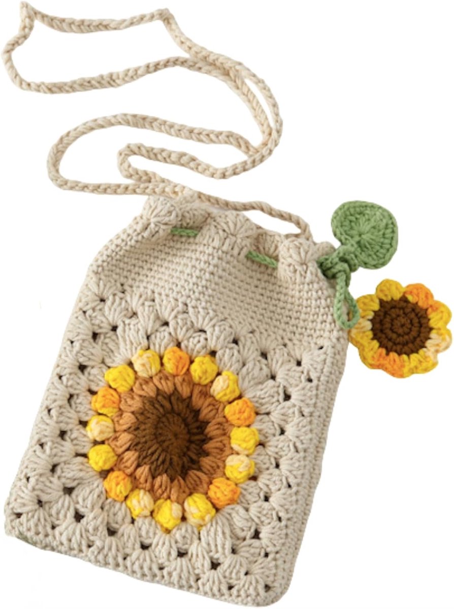 Handgemaakte zonnebloem-haakwerk tas - wolgebreid - schoudertas - perfect voor stranduitjes - ShopVlot