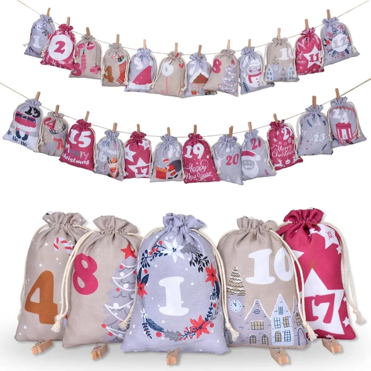 Adventskalender tasje set - 24 jute zakjes - met trekkoord en clips - verrassing elke dag - ShopVlot