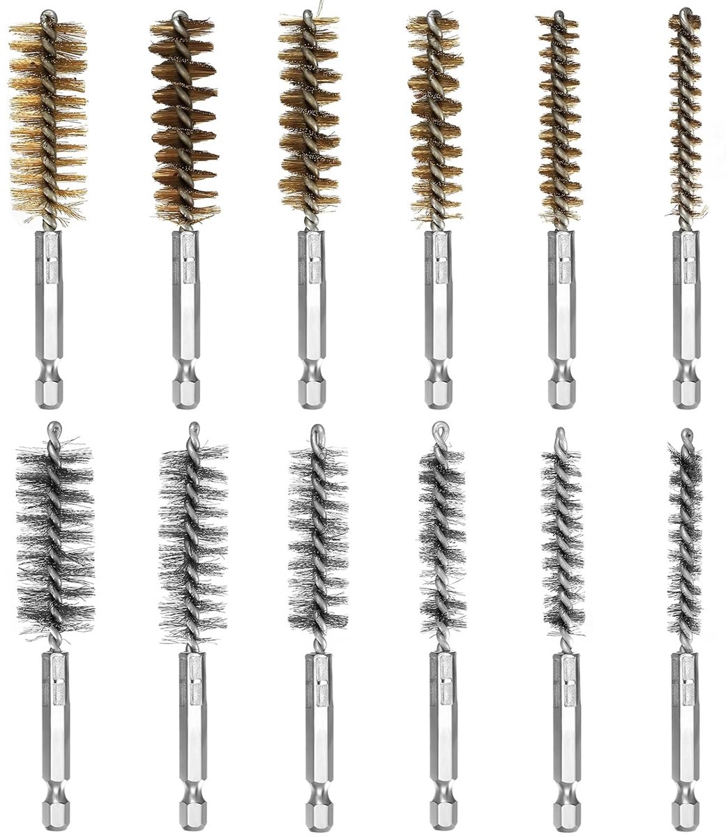 Set van 12 metalen borstels - 6 roestvrijstalen en 6 koperen - cilindrisch met hex schacht - ShopVlot