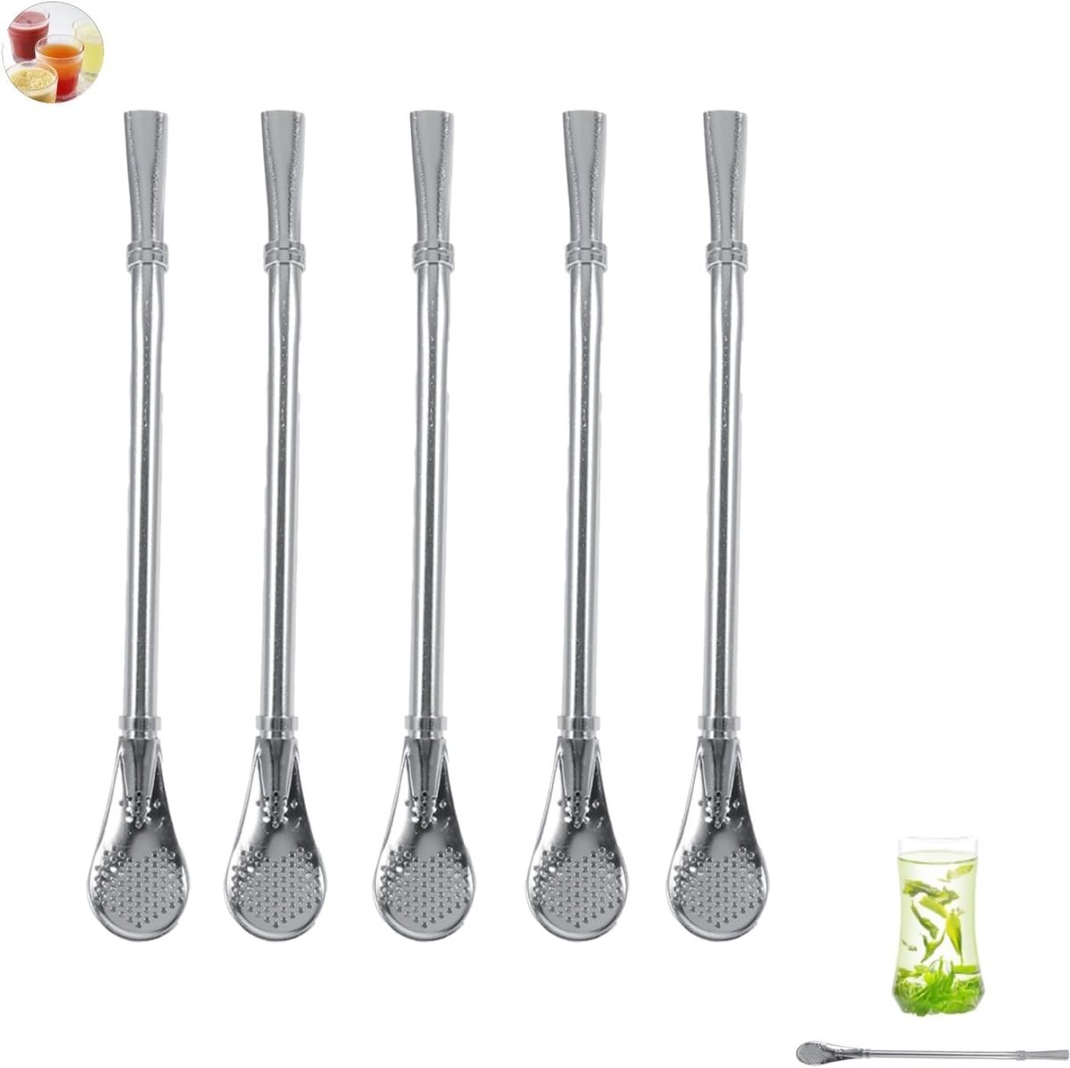 RVS Drinkrietjes 5pcs 15.7 cm - Filterlepel Design - Drie-in-één functionaliteit - Ideaal voor Yerba Mate - ShopVlot