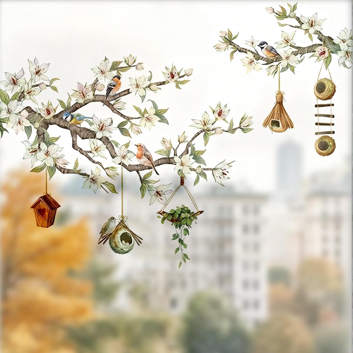 Raamstickers 60 × 30 cm - Zelfklevende bloemenstickers - Takken en vogels - Duurzame lente decoratie - ShopVlot