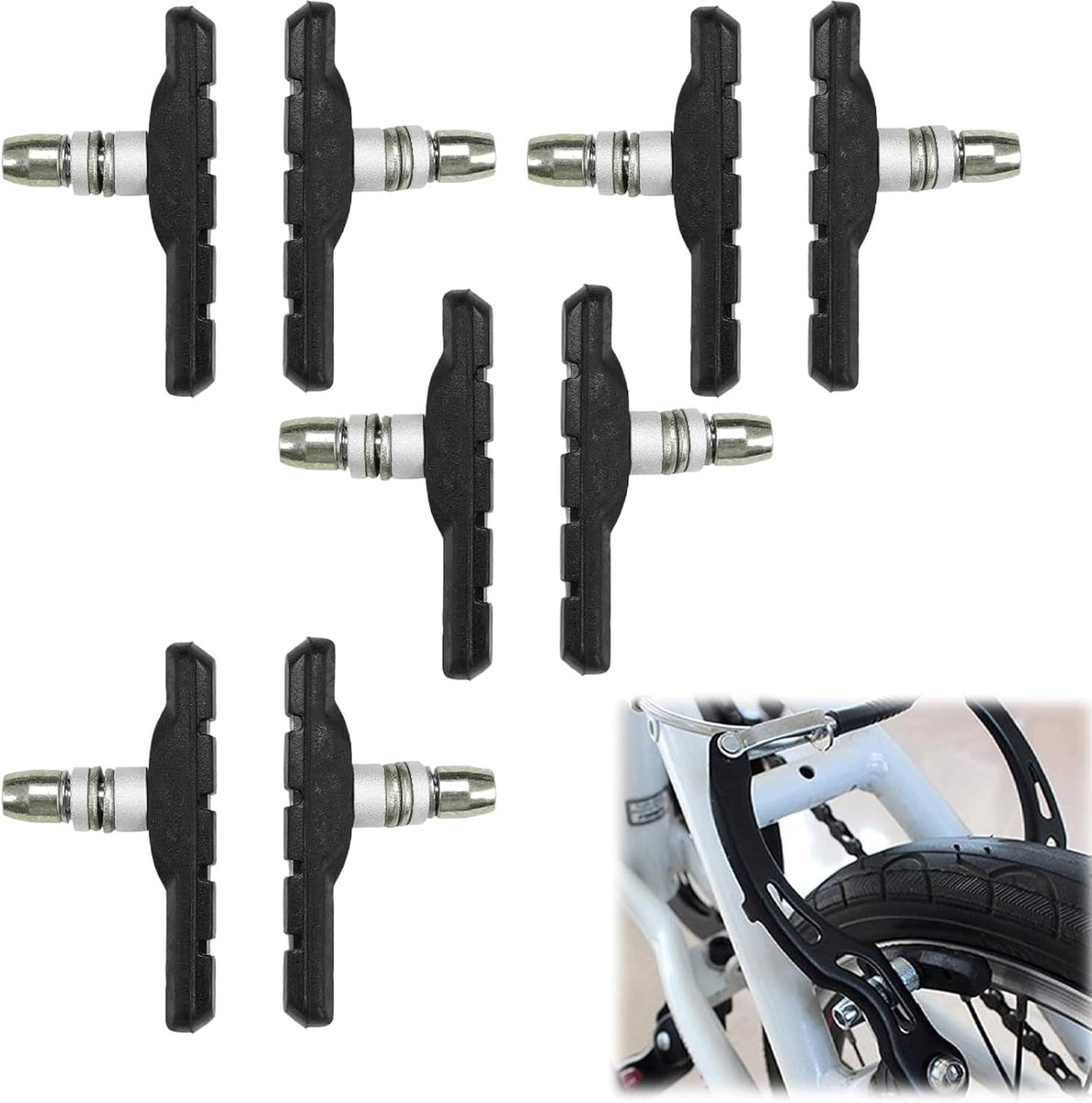 8 stuks V-brake remschoenen, fietsremblokken, velgrem, reserveremschoen, 70 mm lang, fietsremblokken, remschoenen voor fiets, met bouten, symmetrische schroefdraad en bevestigingsmateriaal