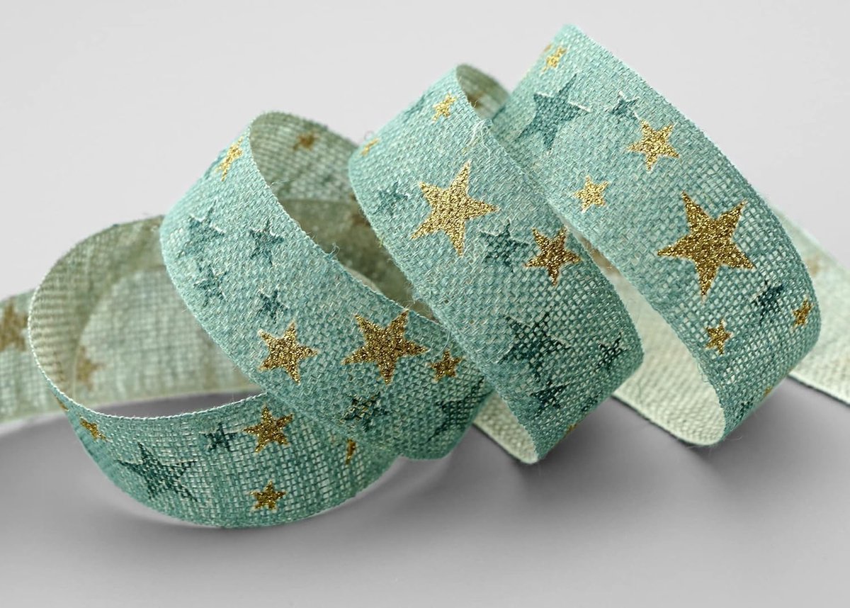 15 m x 25 mm Decoratielint Country Stars Mint oudgroen goud cadeaulint natuurlijk stoffen lint landhuis Kerstmis met sterren