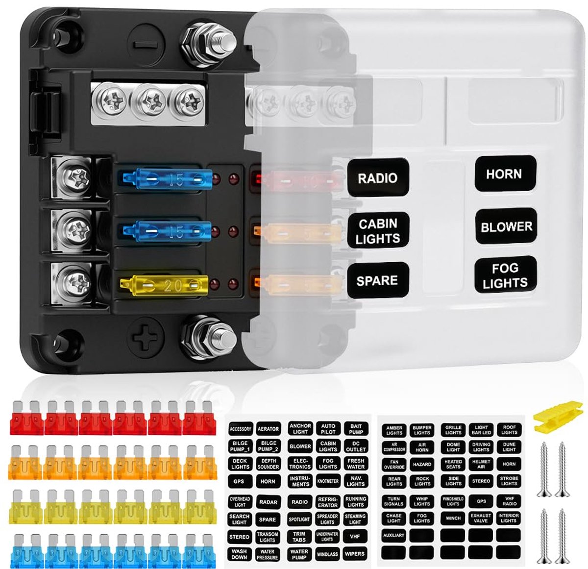 6 Fach Sicherungshalter, 12 Volt Sicherungsblock ATC/ATO Sicherungskasten met positieve negatieven, met 24 Sicherungen Flachsicherunge, voor Auto LKW Auto Wohnmobil Camper Boot