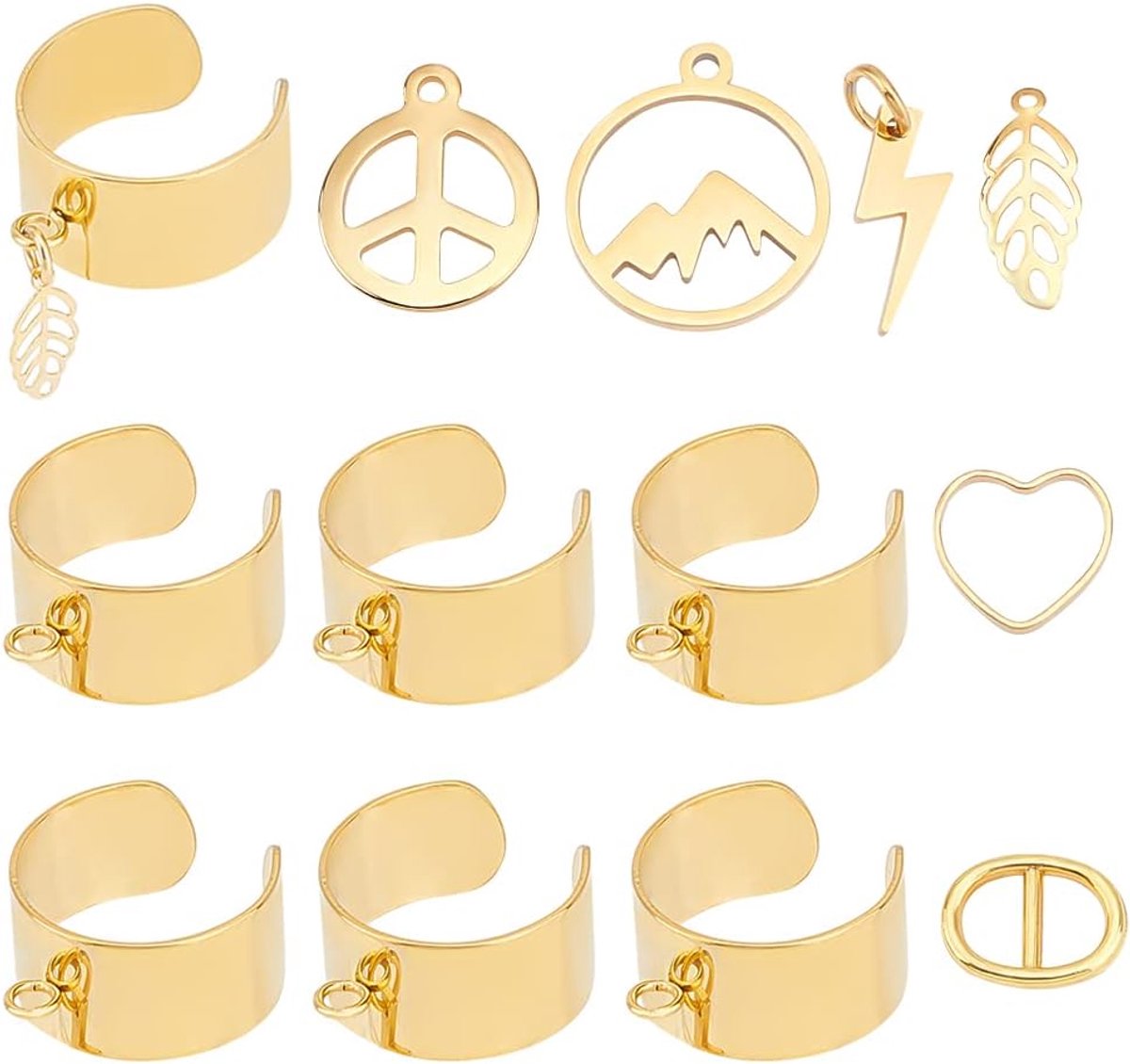 DIY Charm Manchet Ring Maken Kit Inclusief Roestvrij Staal Open Ring Bevindingen Hart Hanger Blad Charms Lightning Vrede Teken Charms Link Connectors Gouden Open Jump Ringen