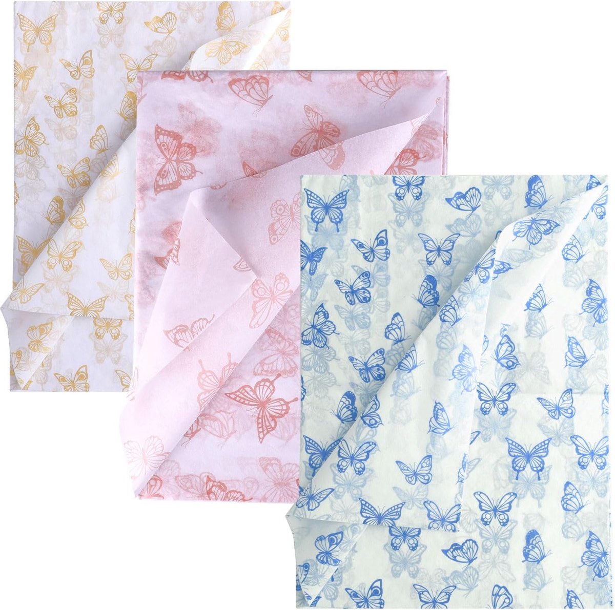 45 Stuks Vlinder Tissuepapier voor Geschenkverpakking, 35x50cm Goud & Rosé Goud & Blauw Inpakpapier voor Kerst Bruiloft Verjaardagsfeestje Babyborrels Doe-Het-Zelf Ambachten (Witte Achtergrond)