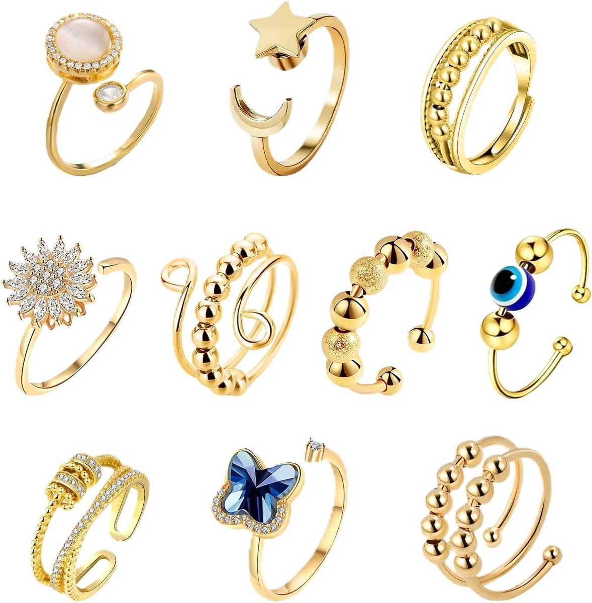 Rings, 10 stuks, goudkleurig, anti-stress ring, stressring, voor vingers, angst voor dames, met ballen tegen stress tegen nervositeit