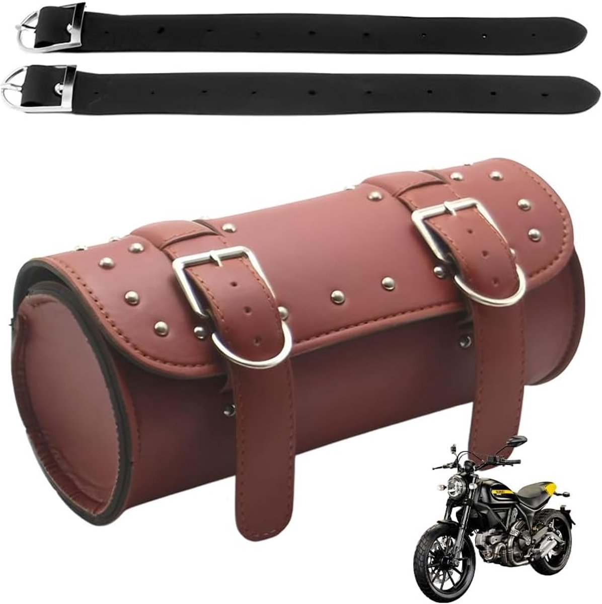 Zadeltas voor motorfiets, gereedschapstas, motorfietsen, PU-leer, waterdichte gereedschapstas, modieuze opbergtas, ronde zadeltassen (bruin)