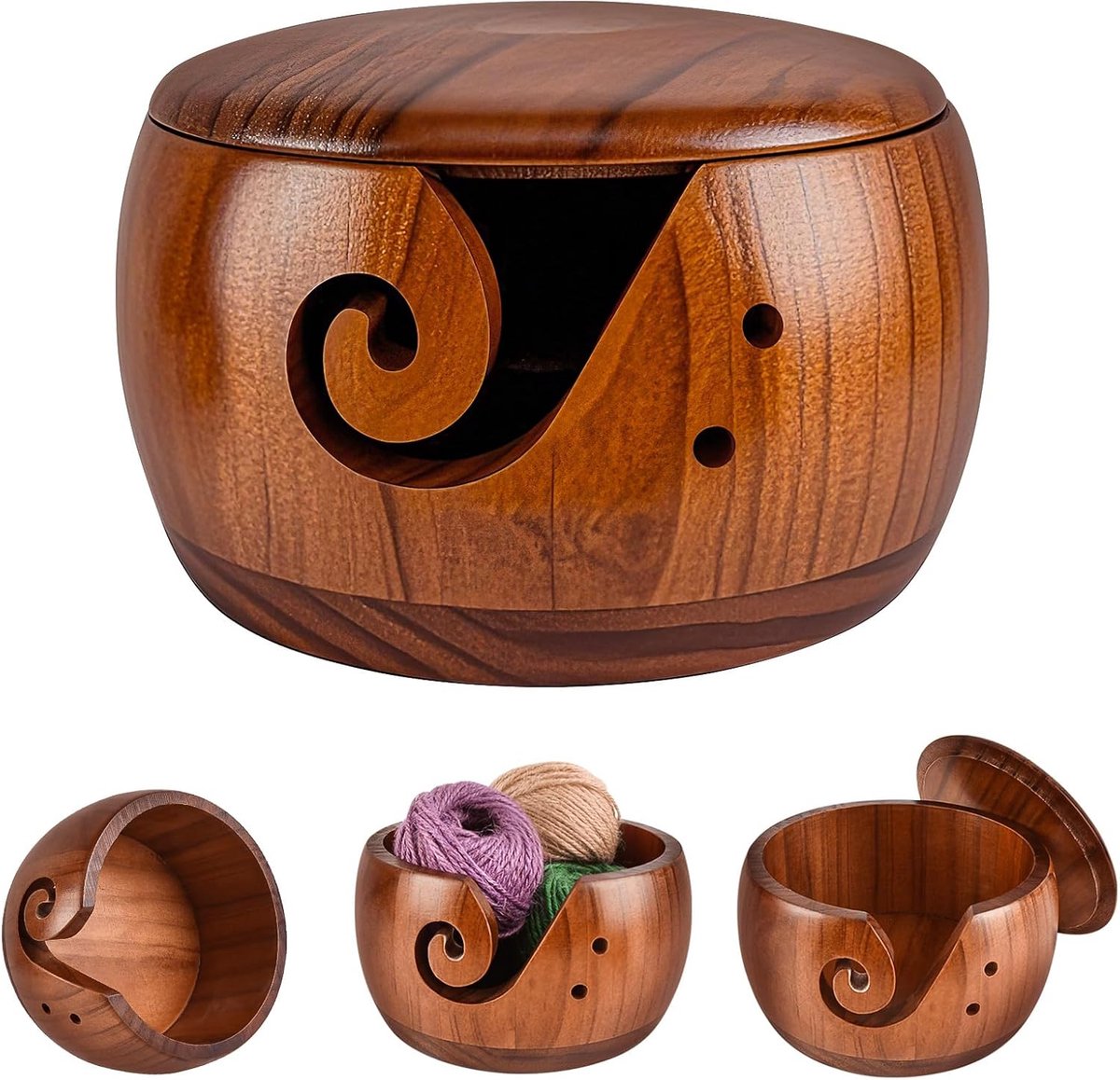Breikom van hout met deksel, 15 cm garenkom, garenkommen om te haken, breischaal, houten garenkommen voor breien en haken, gehaakte garenhouder boog
