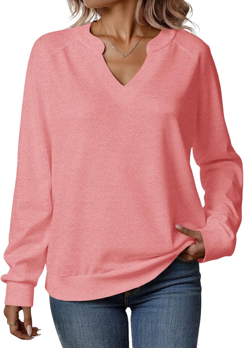 Sweatshirt dames V-hals pullover lichtgewicht elegante lange mouwen casual katoenen top sexy losse trui basic top effen