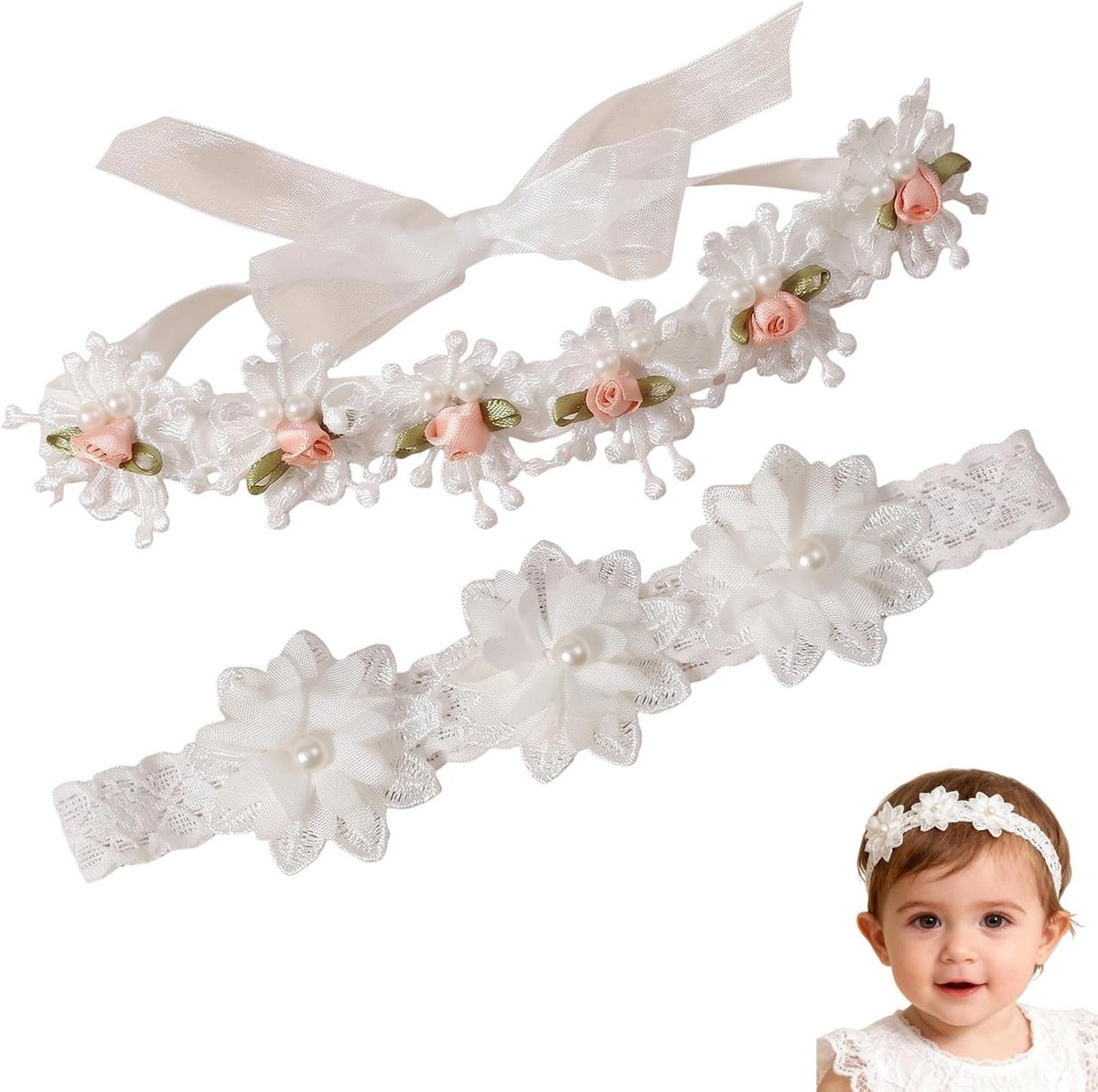 2 stuks babyhoofdbanden voor meisjes, wit, elastische haarband met bloemen en kant, zachte babyhoofdband voor pasgeborenen, haaraccessoireset voor doop, verjaardag, fotoshoot