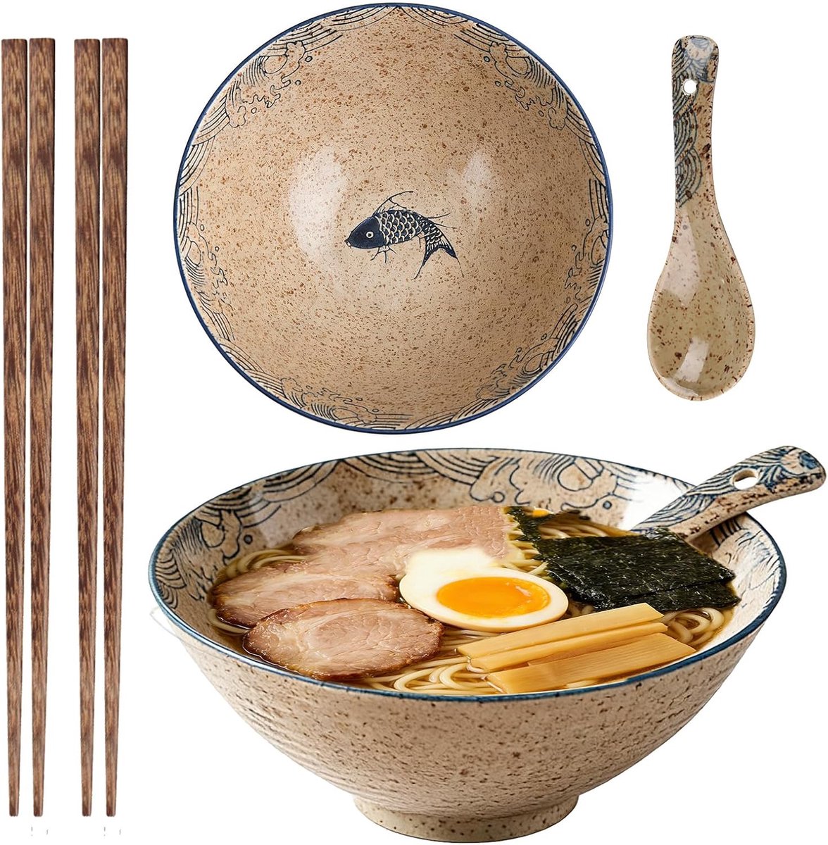 2 sets Ramen schaal set, 1200 ml Ramenschaal van keramiek met eetstokjes en lepels, keramische Ramen schaal, soepkommen, roerschalen, Japans servies voor noedels, granen, soepen, salades