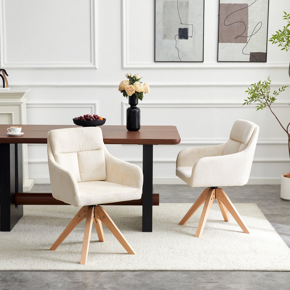 MODENUIT Eetkamerstoel - 360° Draaibaar Met Hoge Rugleuning En Armleuningen - Voor Eethoek En Werkkamer - Hout En Hellbeige Velvet - 87 Cm