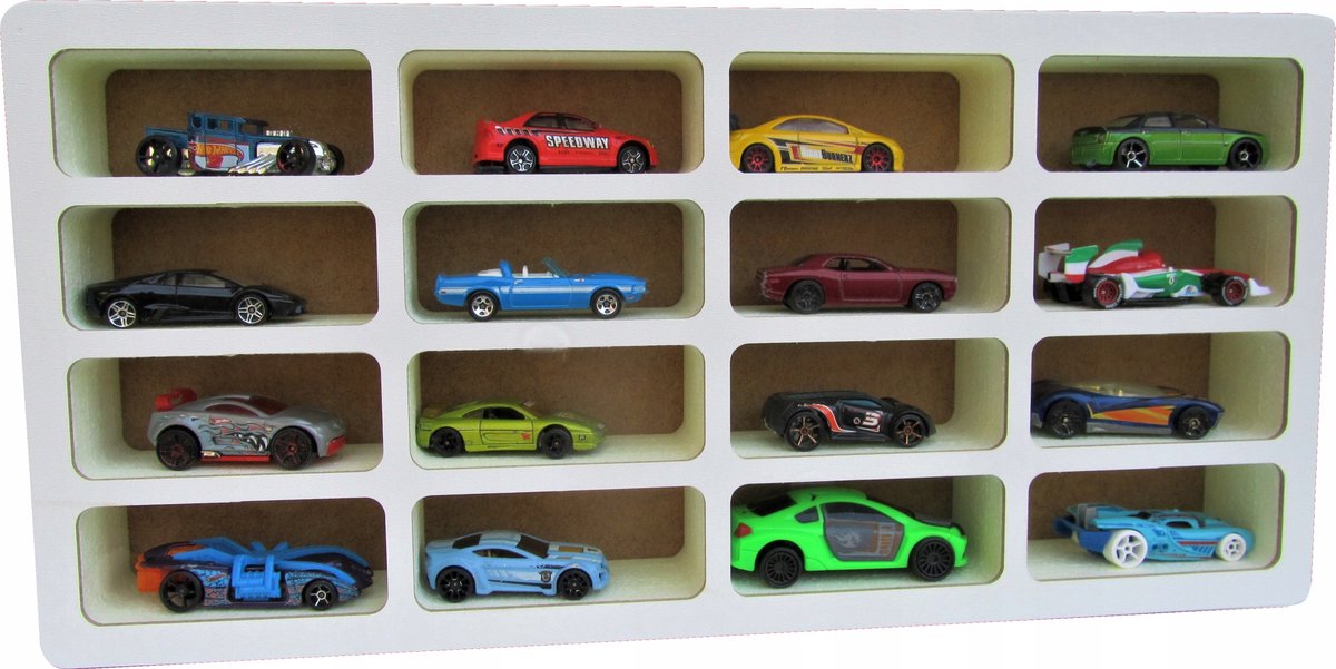 Wandrek voor 16 Hot Wheels auto's - Wit HDF front