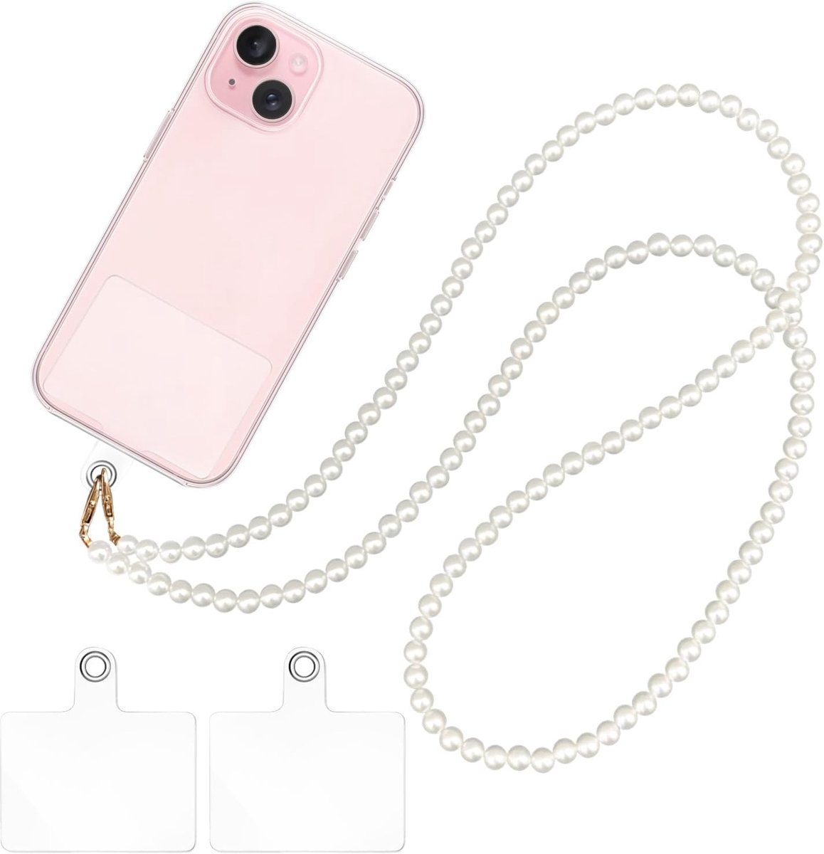 Mobiel telefoon lanyard met 2 telefoon bevestigingen - parel wit - anti-diefstal - SnelShoppen
