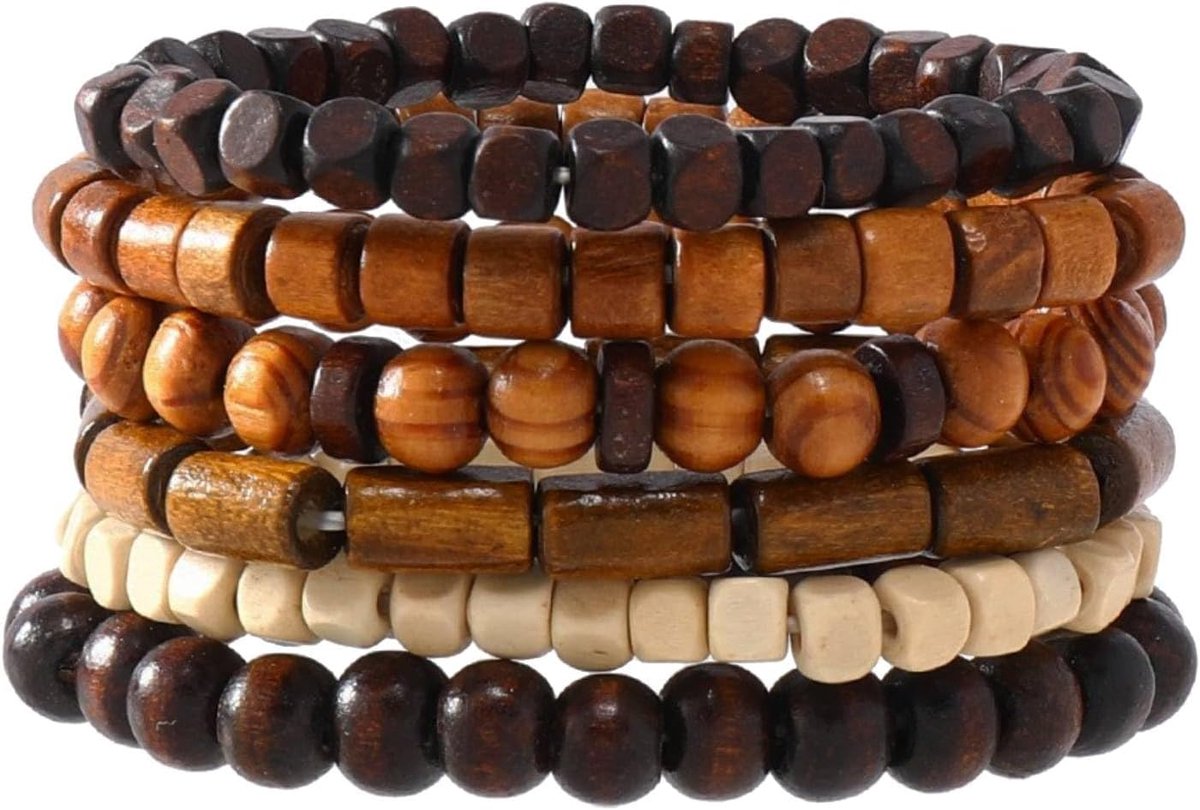 Houten stretcharmbanden 5 stuks - natuurlijke kralen - voor meditatie en gebed - ideaal voor ontspanning - SnelShoppen