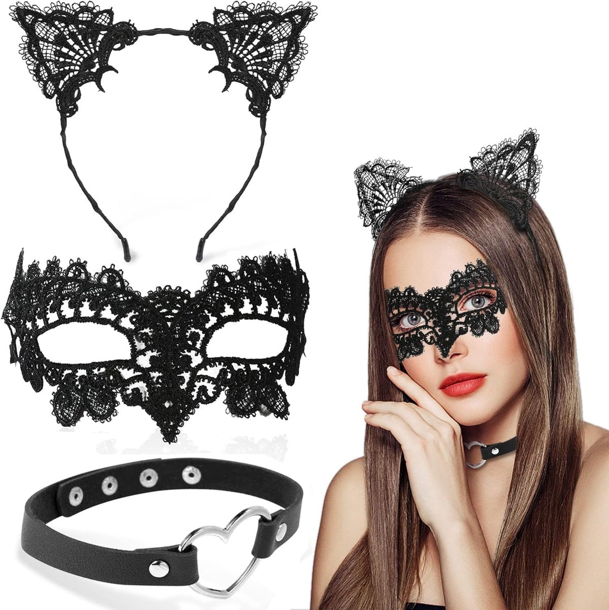 Masker voor vrouwen met kattenoren - zwart hoofdband - choker en kant - ideaal voor kostuumfeest - SnelShoppen