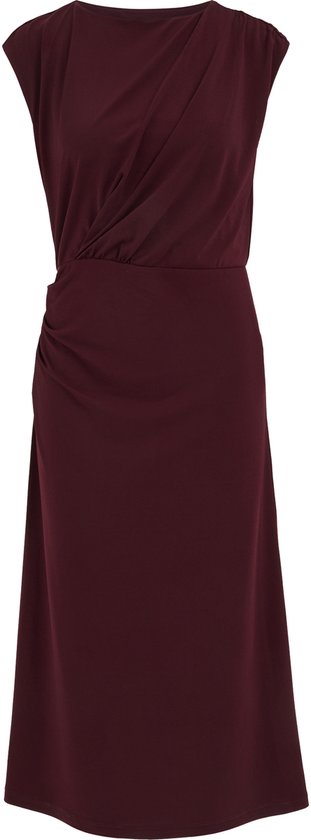 Robe midi en jersey bordeaux avec encolure drapée, manches courtes et détail ceinture.