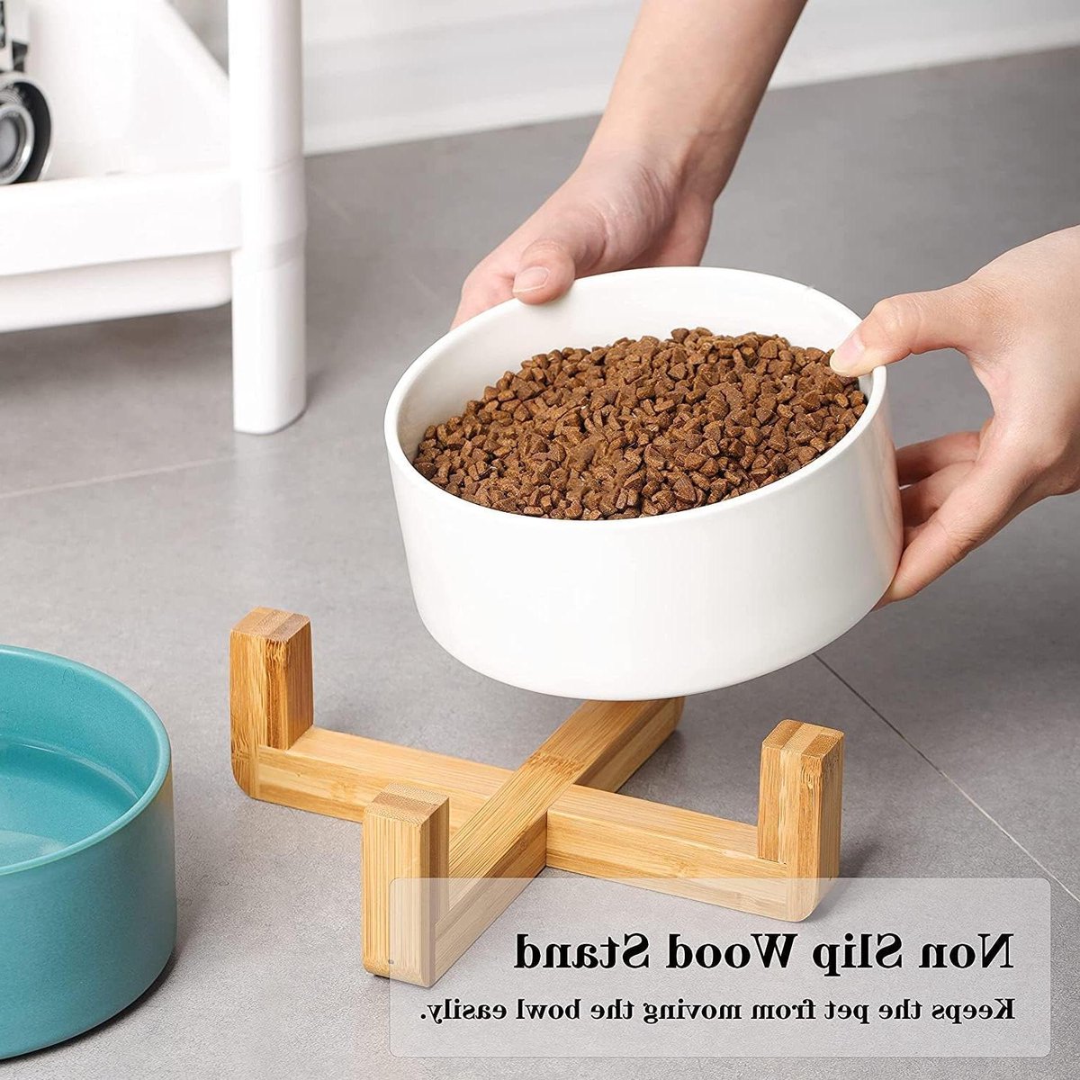 Voederbak Kat Hond - Huisdierkom Keramiek - Voeren en drinken - Verhoogd Nekstandaard - 250 ml - Wit
