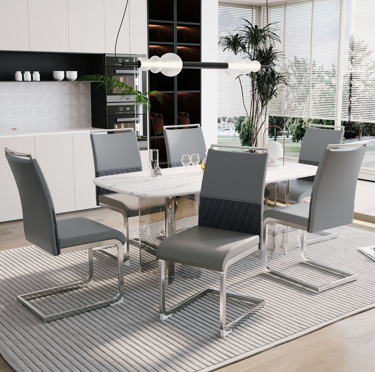DESMIU Eetkamerstoel 42 x 48 x 95 Cm - Set Van 6 Met Hoge Rugleuning En Gewatteerde Zitting - Voor Eetkamer En Keuken - Kunstleer En Metaal - Grijs