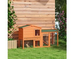 MEUNIQ Kaninchenstall 150 x 45 x 85 cm met 2 verdiepingen, buitenren, 3 afsluitbare deuren, uitschuifbare lade en ramp voor konijn en cavia, oranje