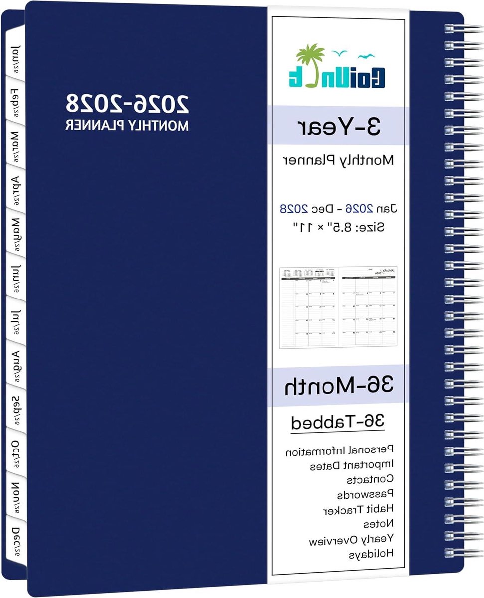 Maandplanner 2025-2027 - Kalenderplanner 3 jaar - Langetermijnplanning - Gecoate tabbladen - 85" x 11" - Blauw