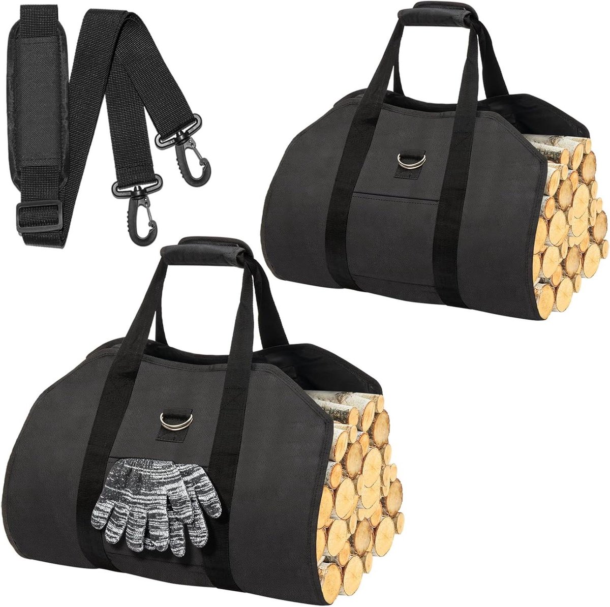 Brandhout Drager - Tassen Set - Open Haard Vullen - Waterdicht Oxford Stof - 2 stuks - Zwart