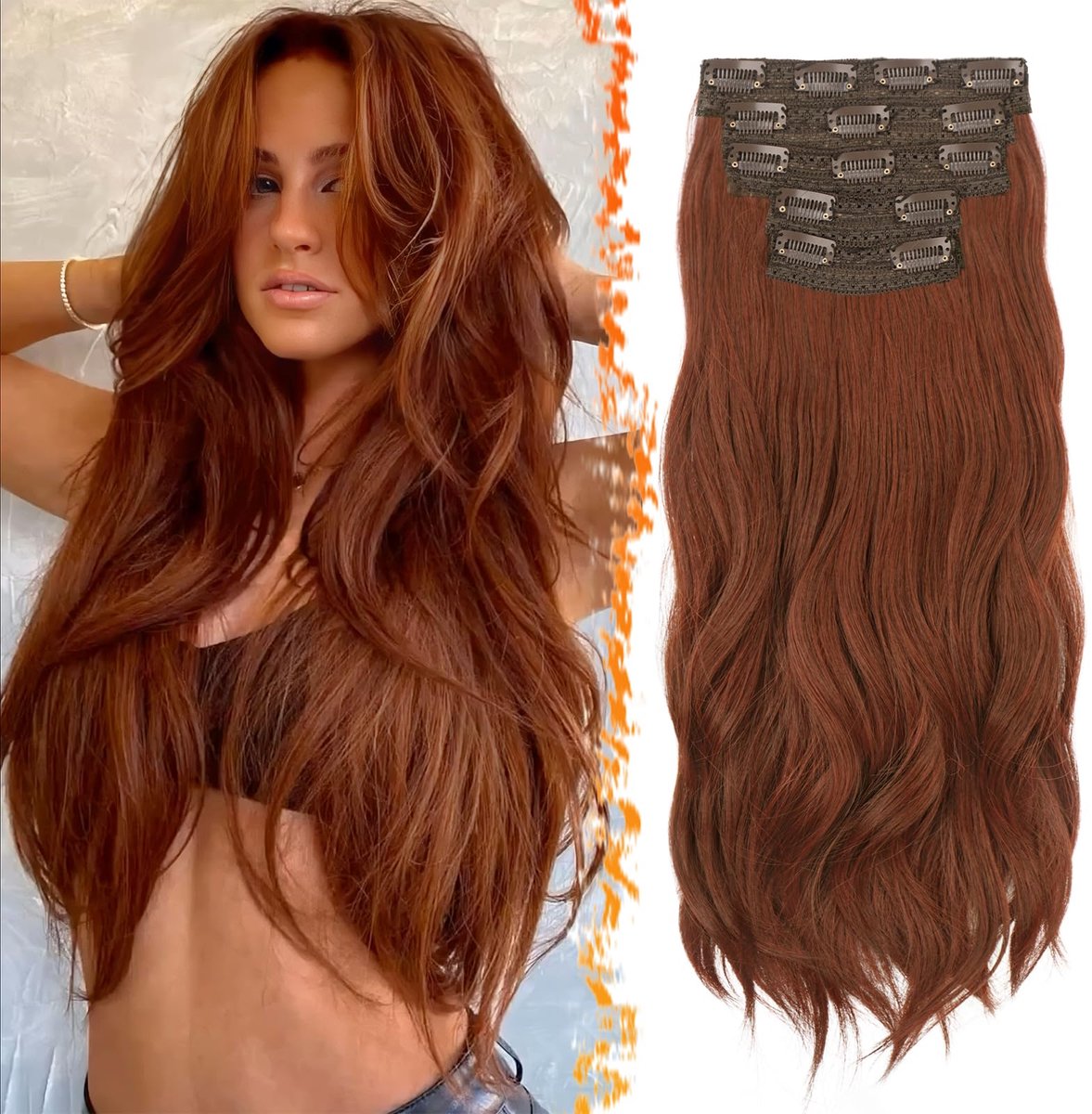 Auburn Clip in Hair Extensions, 50cm Golvende Clip in Haarextensies voor Vrouwen 5PCS Dik Layered Haarverlenging Natuurlijk Synthetische Haarstukjes Extensions - Midden Auburn