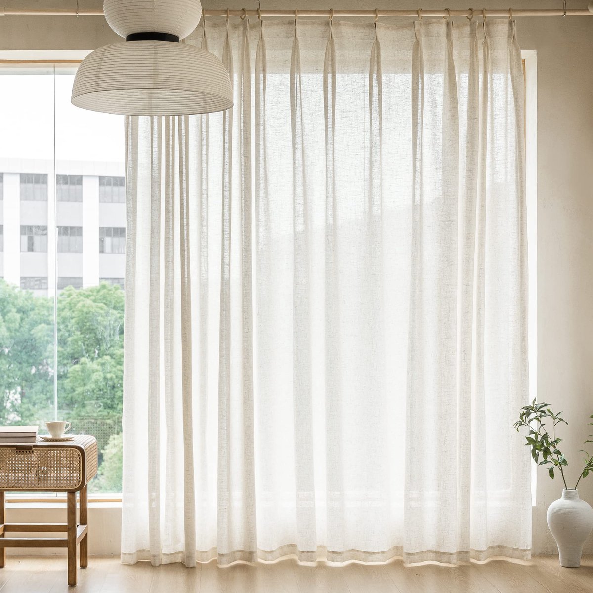 Gordijnen 274 cm lang, faux linnen lichtfilterende semi-transparante gordijnen met haken voor woonkamer slaapkamer, natuurlijk linnen (1 paneel, 100 B x 108 L)