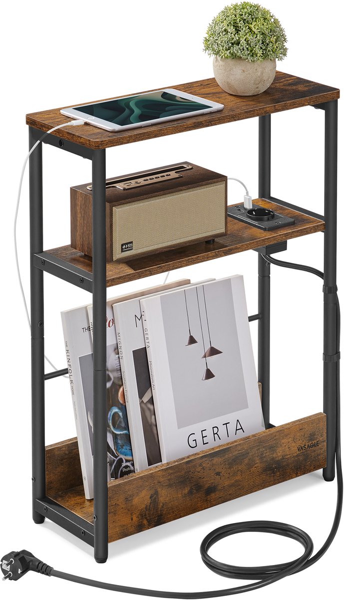 VASAGLE - Bijzettafel - Bijzettafel met Oplaadstation - Smal 3-Laags Ontwerp - Met Tijdschriftenhouder
