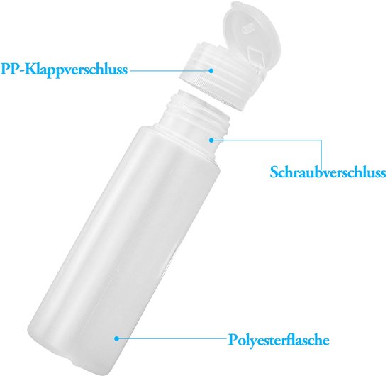 4 stuks 50 ml reisflessen, leeg, navulbare knijpflessen met klapsluiting, transparante kunststof flessen voor make-up, douchegel, toiletartikelen, met 4 etiketten — afbeelding 2
