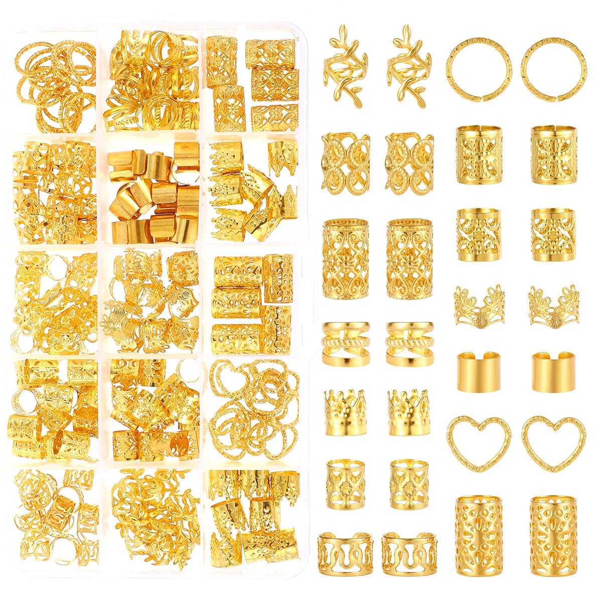 190 stuks haaraccessoires goud piraat voor vlechten, metalen haarkralen om vast te klikken, verstelbare haarringen gouden dreadlock-sieraden, piraten-haaraccessoires voor dames, haarmanchetten