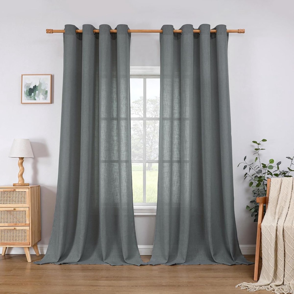 Linnen gordijn met oogjes, set van 2, H 245 x B 140 cm, grijs, semi-transparante gordijnen, gordijn met lussen, linnenlook, voile gordijnen, woonkamer, slaapkamer
