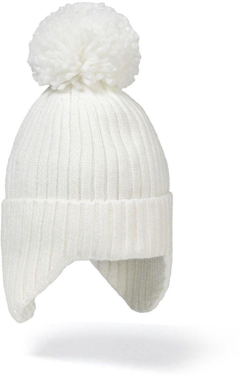 Minoti muts meisjes gebreid met pompon en oorflappen - crème