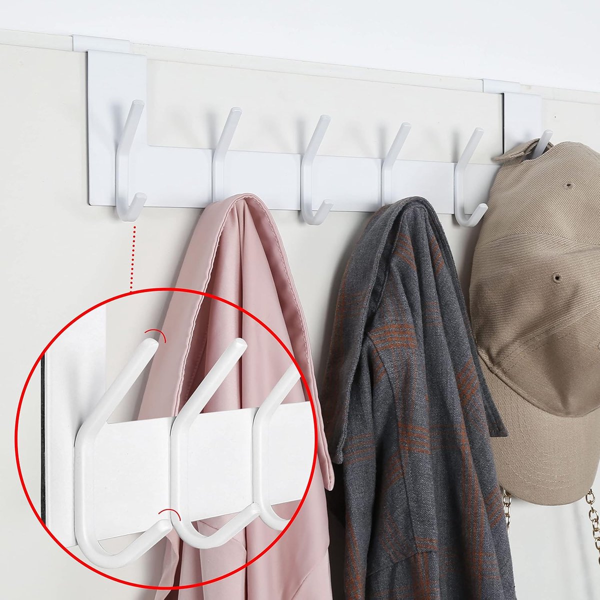 Deurhaak om op te hangen met 6 haken, metalen deurkapstok, deurhaak aan de binnenkant - kledinghaak deur voor handdoekhouder, mantels, wit