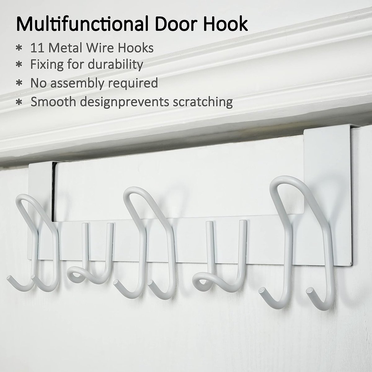 Deurhaken, metalen deurhanger met 11 haken, over de deurhanger voor jassen, hoeden, handdoeken, wit