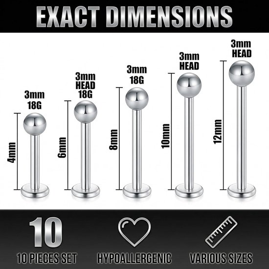 Tragus-piercing voor heren, 10 stuks, zilver, 16G, chirurgisch staal, labret, helix, 4-12 mm, kogels 3 mm — afbeelding 5