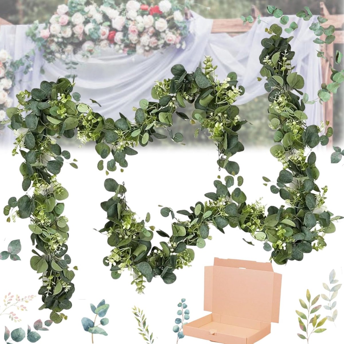 2 Stuks Hangende groene slinger, Kunstmatige eucalyptus slinger, Eucalyptus plant met witte bloemen, Eucalyptus-slinger voor achtergrond, bruiloft, boog, wanddecoratie