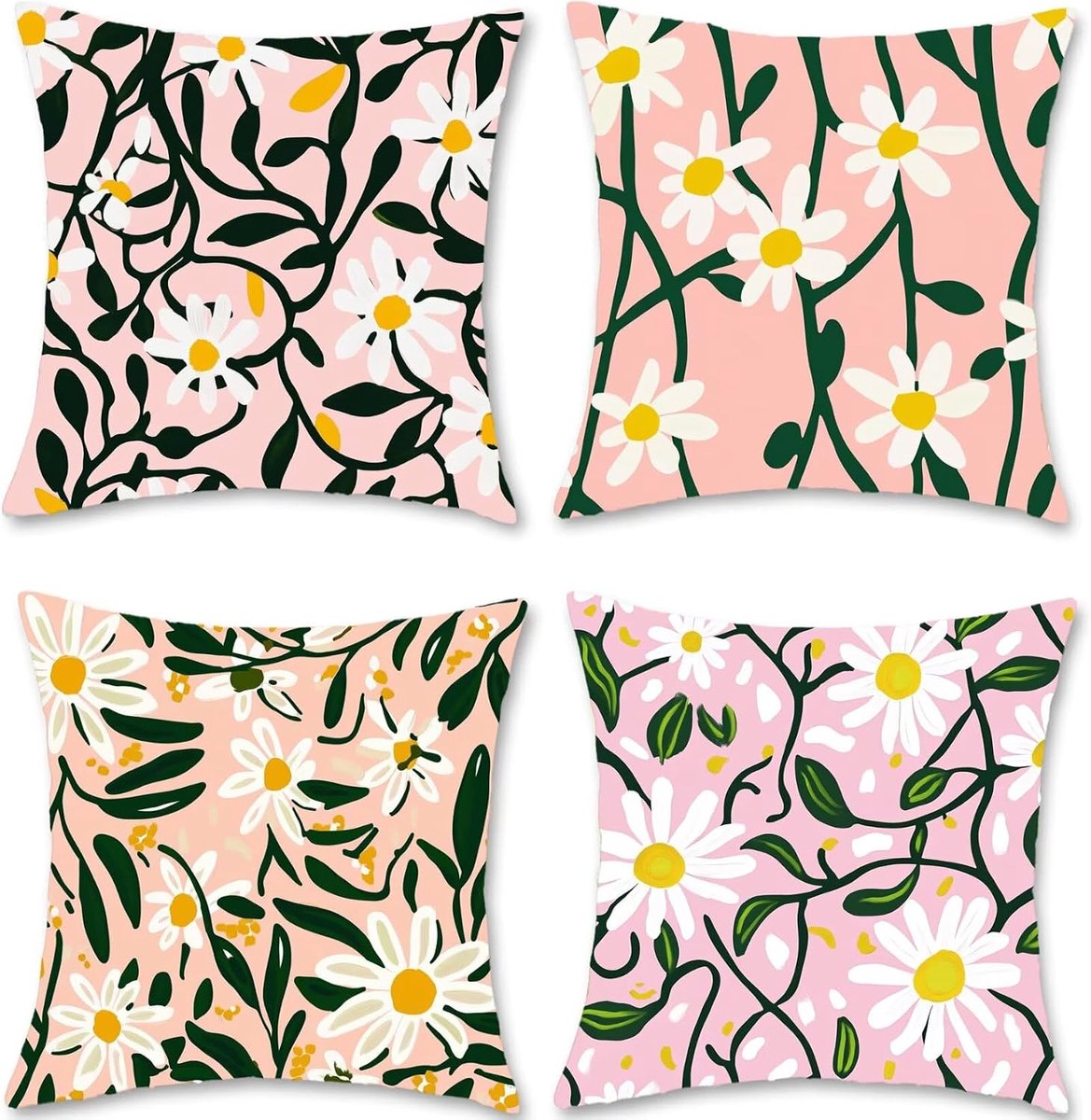 Kussenhoezen, 50 x 50 cm, wit, kussenovertrek, waterdicht, linnen, bloem, set van 4 sierkussens met verborgen ritssluiting, voor bank, bed, woonkamer, woondecoratie S1-311